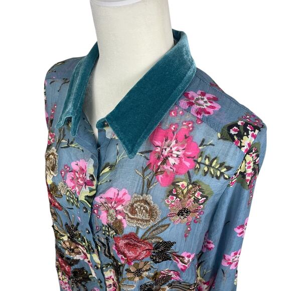 Soft Surroundings Sequins Embroidered Floral Top Roll Tab Sleeves Boho Sz Medium - Picture 5 of 16